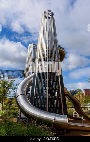 Children's play area in Mayfield Park, based around the river Medlock, Manchester, England, UK. A few days after it opened to the public in Sept 2022. Stock Photo