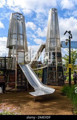 Children's play area in Mayfield Park, based around the river Medlock, Manchester, England, UK. A few days after it opened to the public in Sept 2022. Stock Photo