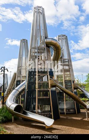 Children's play area in Mayfield Park, based around the river Medlock, Manchester, England, UK. A few days after it opened to the public in Sept 2022. Stock Photo