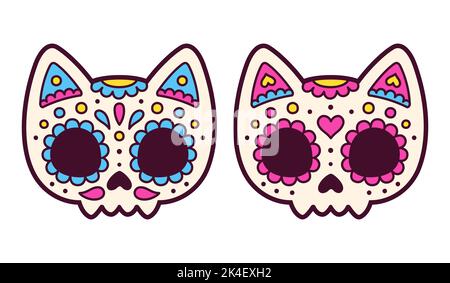 Two cute cartoon Mexican painted cat skulls, male and female. Dia de los Muertos (Day of the Dead) drawing, vector illustration. Stock Vector