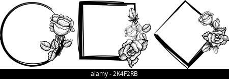 Hand-drawn rose in doodle style. Set of frames with roses. Flowers. Symbol. Valentine's Day. Vector image of roses on white background Stock Vector