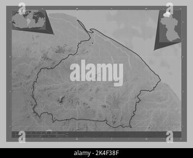 Barima-Waini, region of Guyana. Grayscale elevation map with lakes and rivers. Corner auxiliary location maps Stock Photo