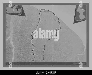 Demerara-Mahaica, region of Guyana. Grayscale elevation map with lakes and rivers. Locations and names of major cities of the region. Corner auxiliary Stock Photo