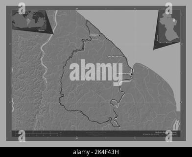 Mahaica-Berbice, region of Guyana. Bilevel elevation map with lakes and rivers. Locations and names of major cities of the region. Corner auxiliary lo Stock Photo