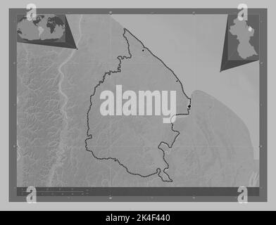 Mahaica-Berbice, region of Guyana. Grayscale elevation map with lakes and rivers. Locations of major cities of the region. Corner auxiliary location m Stock Photo