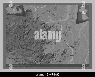 Potaro-Siparuni, region of Guyana. Grayscale elevation map with lakes and rivers. Corner auxiliary location maps Stock Photo