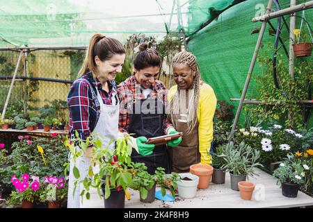 Multiracial gardeners working together in plants and flowers garden shop Stock Photo