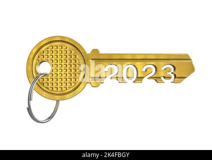 Home owner 2023 concept - 3D illustration of metal house key with year shaped hole isolated on white studio background Stock Photo