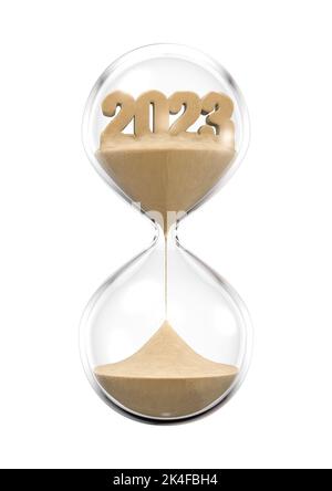 Year 2023 hourglass - 3D illustration of time slipping away like sand Stock Photo