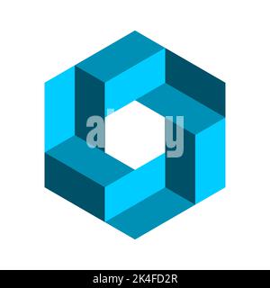 Blue impossible hexagon symbol. Penrose geometric shape. Infinity, endless concept. Esher geometric object made of 3D rectangles. Vector Stock Vector