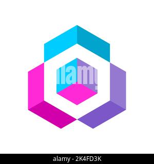 Colorful cube logo template. Isometric block shapes. Hexagonal design element. Blue, purple, pink. Geometric box with three parts. Puzzle game pieces. Stock Vector