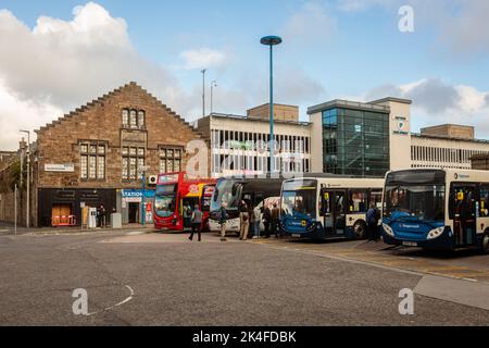 Inverness, Scotland, 15th Sep, 2022: Stagecoach Bus Station with buses and passengers. Stock Photo