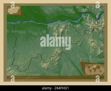 Komarom-Esztergom, county of Hungary. Colored elevation map with lakes