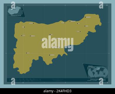 Komarom-Esztergom, county of Hungary. Solid color shape. Locations and names of major cities of the region. Corner auxiliary location maps Stock Photo