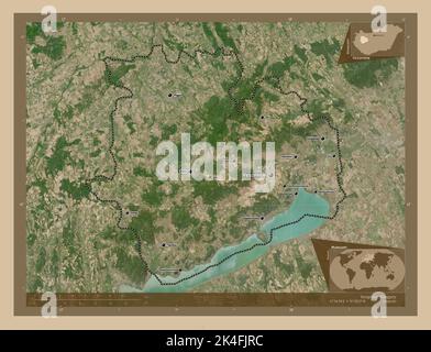 Veszprem, county of Hungary. Low resolution satellite map. Locations and names of major cities of the region. Corner auxiliary location maps Stock Photo