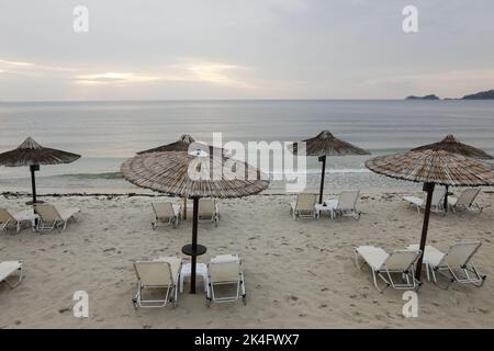 Golden Beach (Skala Potamia) on the Greek island of Thassos during a cloudy summer morning. Stock Photo