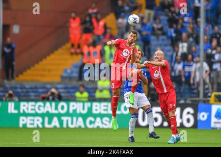 Genoa, Italy. 30 April 2022. Antonio Candreva of UC Sampdoria competes for  the ball with Pablo Galdames of Genoa CFC during the Serie A football match  between UC Sampdoria and Genoa CFC.