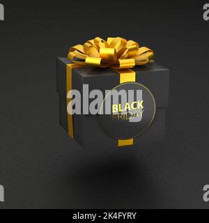 A dark present box with golden ribbon and bow hovering over a structured black background. 'Black Friday' label on the box. Stock Photo