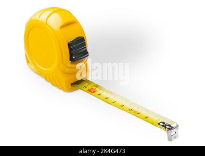 Yellow tape measure isolated on white Stock Photo