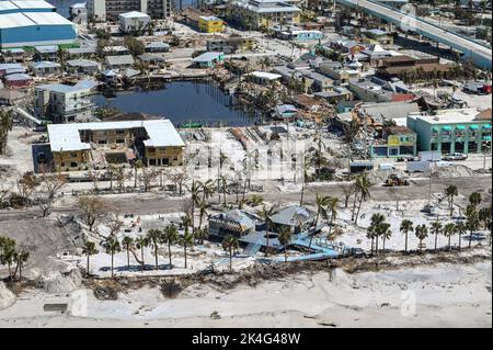 Fort Myers Beach, United States. 01st Oct, 2022. Aerial views of the damaged homes and businesses destroyed by the massive Category 4 Hurricane Ian, that pounded the west coast of Florida, October 1, 2022 in Fort Myers Beach, Florida. Credit: PO3 Riley Perkofski/US Coast Guard/Alamy Live News Stock Photo