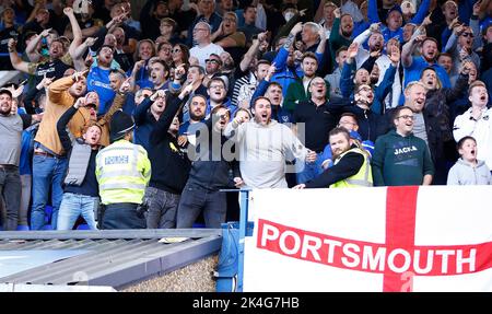 Ipswich, UK. 01st Oct, 2022. Portsmouth fans celebrate getting back on level terms during the Sky Bet League One match between Ipswich Town and Portsmouth at Portman Road on October 1st 2022 in Ipswich, England. (Photo by Mick Kearns/phcimages.com) Credit: PHC Images/Alamy Live News Stock Photo