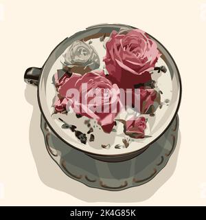 Cup with roses on a saucer. Vector fashion illustration Stock Vector