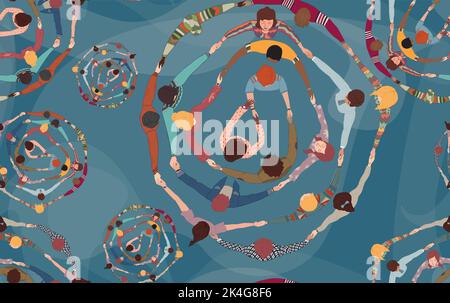 Backdrop seamless pattern with group of diverse people in a circle from different cultures holding hands. Community men and women of friends.Team Stock Vector