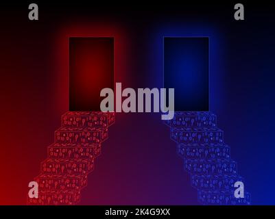 Tunnels in the ends of 2 stairs blue and red from binary code. Science fiction illustration of choice. Neon portal to virtual reality. Glowing effect Stock Vector