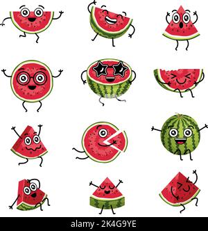 Watermelon characters. Cartoon comic mascots of watermelon with funny smile faces hands and legs recent vector watermelons in action poses Stock Vector