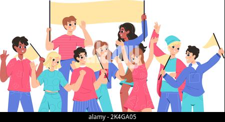 Happy support group young people. Teens team portrait, positive youth together. Fan club or demonstration students with flags and banner, snugly Stock Vector