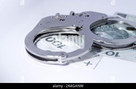 Police handcuffs and banknotes in Polish currency. The concept of economic crime in Poland. Banknotes of Polish zlotys. Stock Photo