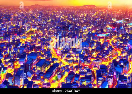 Anime japanese city landscape. Town street urban building. Downtown house in anime style colorful Stock Photo