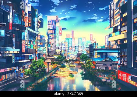 Anime japanese city landscape. Town street urban building. Downtown house  in anime style colorful Stock Photo - Alamy