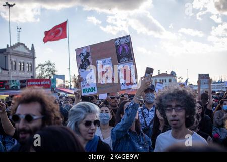 Istanbul, Turkey. October 2, 2022: In response to the arrest of an Iranian woman by the country's morality police in Tehran, a protest demonstration was held in Kadikoy Istanbul, Turkey on October 2, 2022. Mahsa Amini, 22, was visiting Iran's capital, Tehran, with her family on September 13, 2022, when she was detained by the police unit responsible for enforcing strict dress codes, including wearing headscarves, for women in Iran. She was declared dead on September 16, 2022 by state television after being in a coma for three days. Credit: ZUMA Press, Inc./Alamy Live News Stock Photo