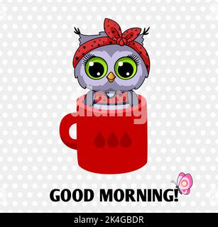 Good morning card with cute owl in coffee mug on polka dot pattern. Cartoon funny pop style fashion wild bird. Trendy stylish vector illustration Stock Vector