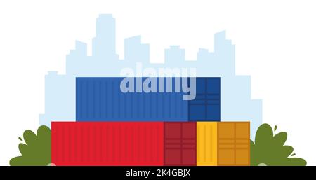 Stack of colorful cargo containers on urban background. Freight Shipping concept. Vector illustration Stock Vector