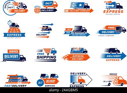 Delivery services. Emblem and logos with various transport for delivery cargo shipping mailing trucks vehicles cars recent vector set isolated Stock Vector