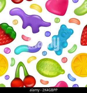 Jelly pattern. Gelatin products sweets for kids colored gummy fish and bear decent vector seamless background Stock Vector