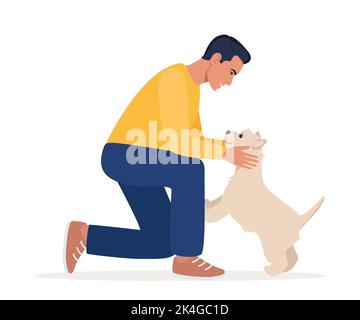 Man and cute dog joyful meeting. Warm hugs of pet owner and West Highland White Terrier. Man glad to see animal friend. Lovely funny dog. Vector illus Stock Vector