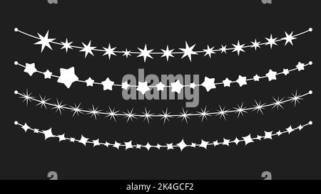 Stars garlands set. Different star on ropes or strings, festive holidays decorative vector elements. Christmas or birthday party, anniversary graphic Stock Vector