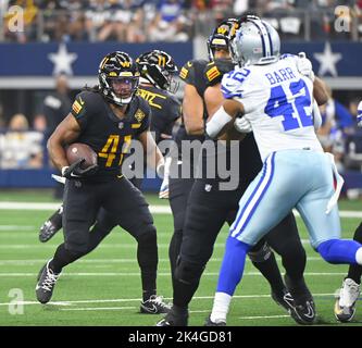 Arlington, United States. 02nd Oct, 2022. Dallas Cowboys DaRon Bland (26)  celebrates his third questyer interception of Washington Commanders Carson  Wentz during their NFL game at AT&T Stadium in Arlington, Texas on