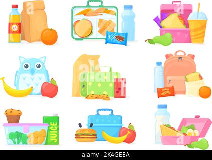 School lunch boxes. Lunchbox kid snacking break, food container backpack with healthy bento meal fruit homemade sandwich cake, lunches bag picnic dinner, neat vector illustration Stock Vector