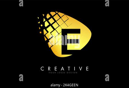 Letter E Design with golden Shattered Blocks Vector Illustration. Pixel art of the E letter logo. Stock Vector