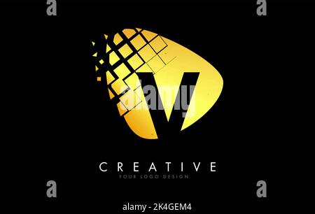 Letter V Design with golden Shattered Blocks Vector Illustration. Pixel art of the V letter logo. Stock Vector