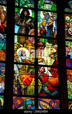 Alfons Mucha Art Nouveau window at Cathedral of Saints Vitus, Wenceslaus and Adalbert in Prague, Czech Republic. Stock Photo