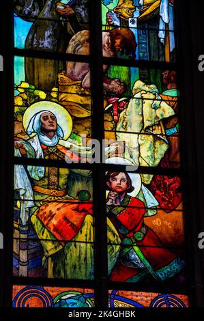 Alfons Mucha Art Nouveau window at Cathedral of Saints Vitus, Wenceslaus and Adalbert in Prague, Czech Republic. Stock Photo