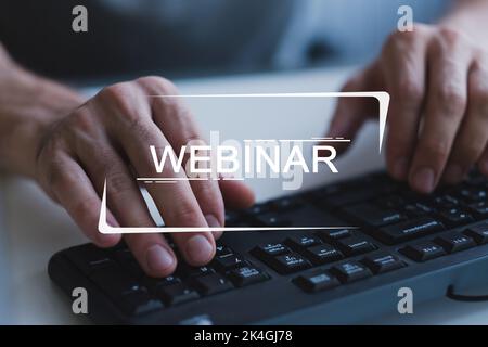 Online work webinar. Virtual study. Professional web seminar. Remote education. Male freelancer hands typing on pc keyboard with text sign illustratio Stock Photo