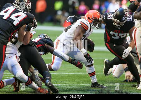 Atlanta Falcons defensive tackle Abdullah Anderson (98) watches a fumble  during the first half of an NFL football game against the Cleveland Browns,  Sunday, Oct. 2, 2022, in Atlanta. The Atlanta Falcons