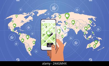 hand searching recharging power station for electric battery cars on map in mobile app EV management zero emission transport Stock Vector
