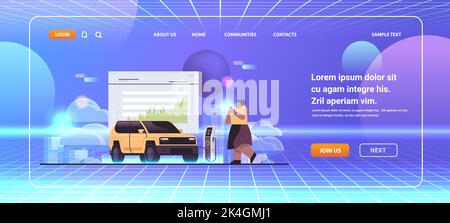 woman charging electric suv in mobile app battery vehicle at recharging power station charger EV management zero emission Stock Vector
